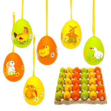 Ostereier Kunstoff bemalt mit Hasen und Hühnern und Gans in Gelb, Grün, Orange