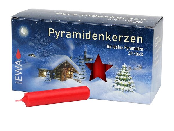 eine Packung mit weihnachtspyramieden Kerzen und eine Rote pyramiedenkerze davor