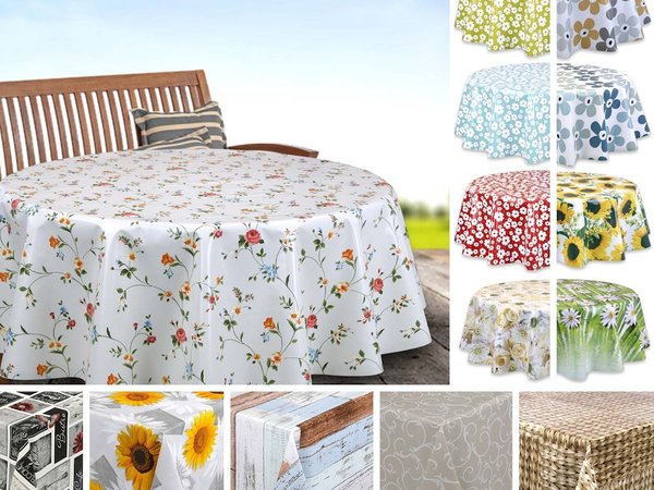 Verschiedene Wachstuchtischdecken mit sommerliche dekoren Runder Tich mit blumen Tischdecke und Gartenbank