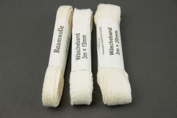 Wäscheband Naturweiß 10/15/20mm x 3m Henkelband, Baumwollband