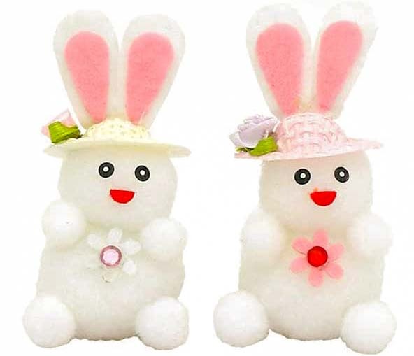 2er Set Flauschige Oster-Hasen mit Hut und Blume 8cm